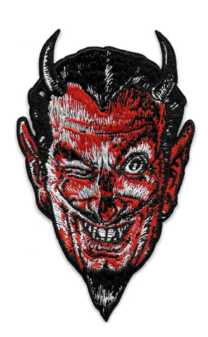 Winking Devil Embroidered Iron On Biker Patch